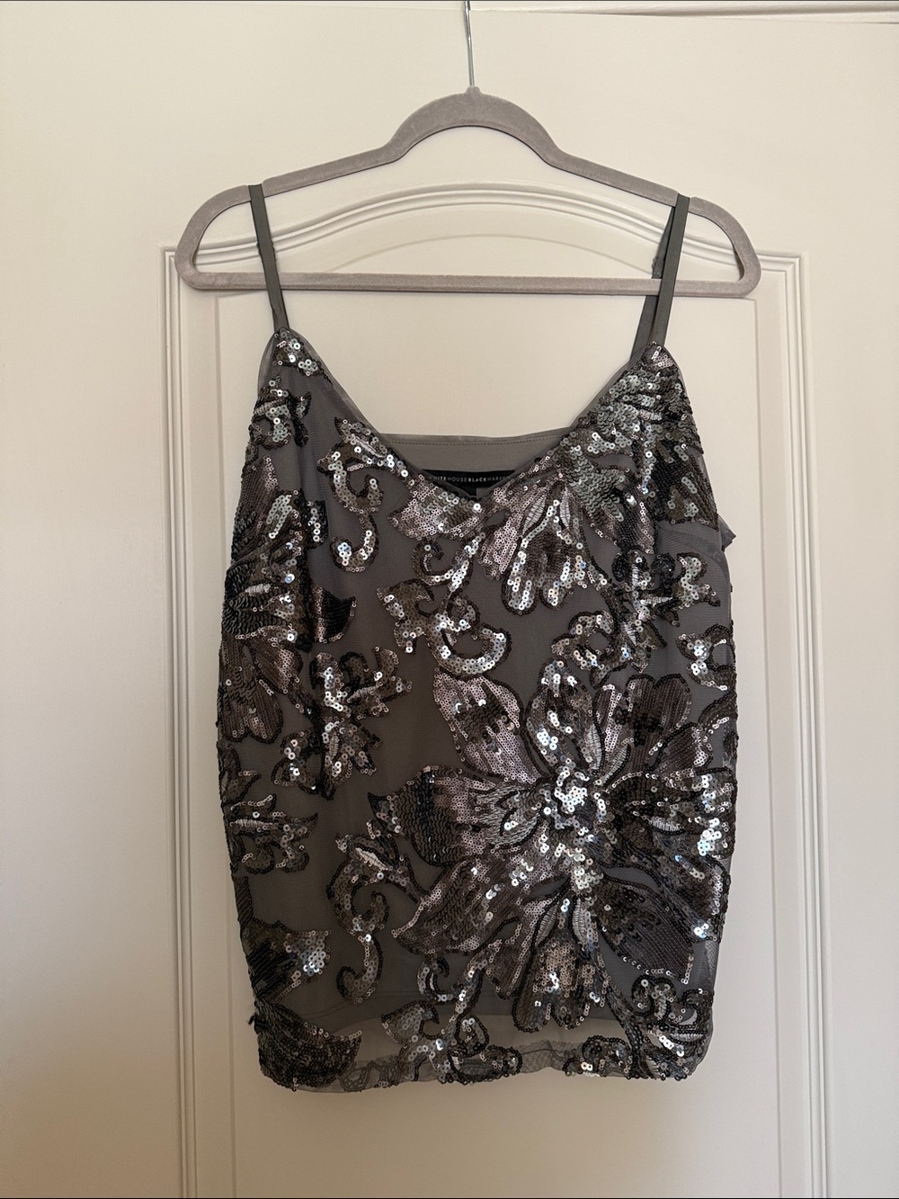 White House Black Market Silver Sequin Floral Camisole